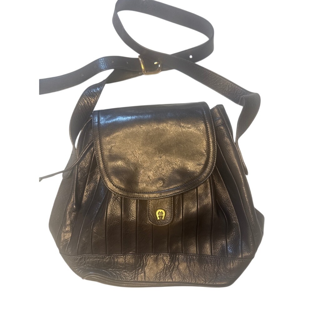 Aigner Vintage Black Leather Shoulder‎ Bag Purse Flap Crossbody Bag